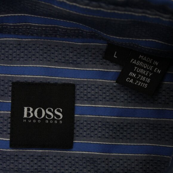 BOSS Hugo Boss Shirt Mens Large Blue/Gray Striped "Lex" Cotton L/S Button Up - Picture 7 of 13